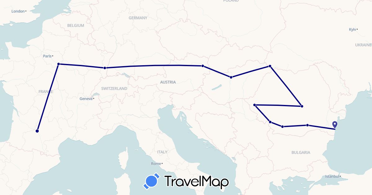 TravelMap itinerary: driving in Austria, France, Hungary, Romania, Ukraine (Europe)